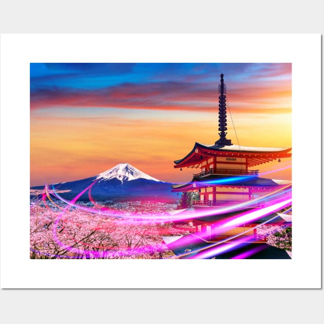 Neon city: Japan, Fuji mountain. Cherry blossoms, pagoda, sunset Wall Art by Synthwave1950